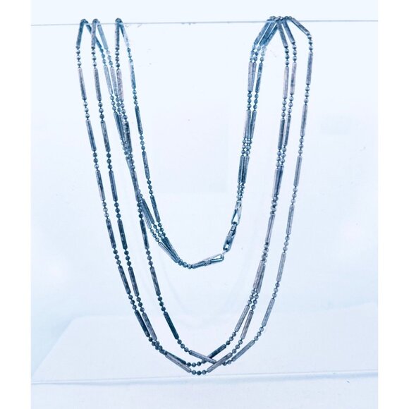 Sterling Silver 925 Triple Layered Bar & Bead Necklace 17” Lobster Clasp Italy